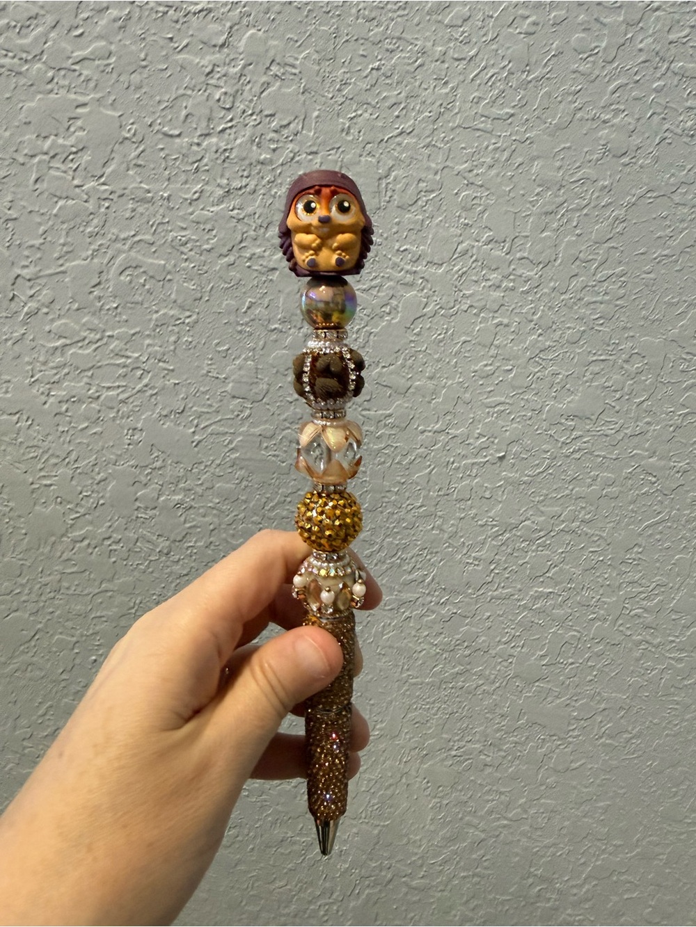 Beaded Owl Top Decorative Pen in Gold and Brown